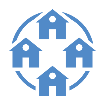 Blue neighborhood icon — four houses connected by a circle