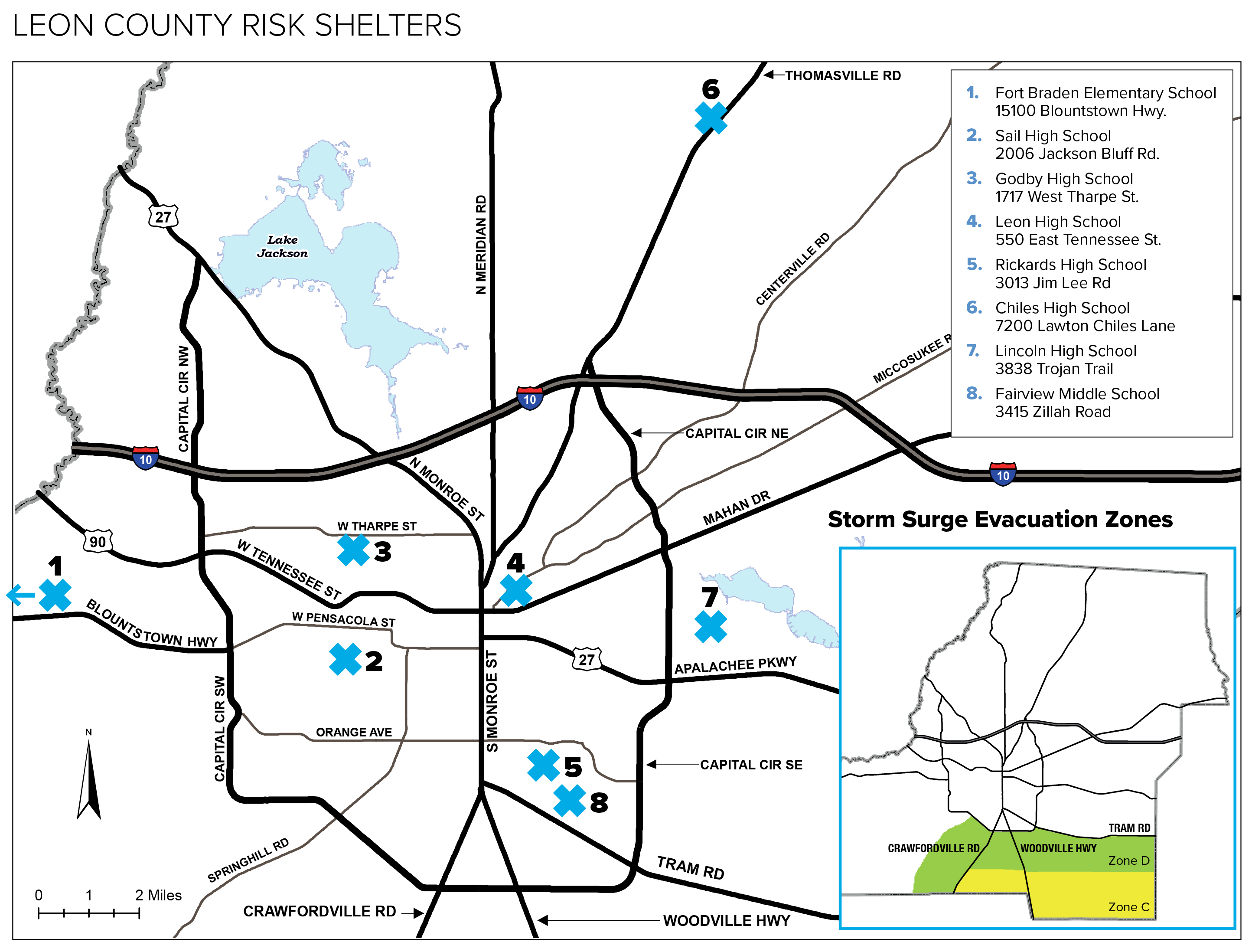 Map showing Leon County shelter locations and storm surge zones